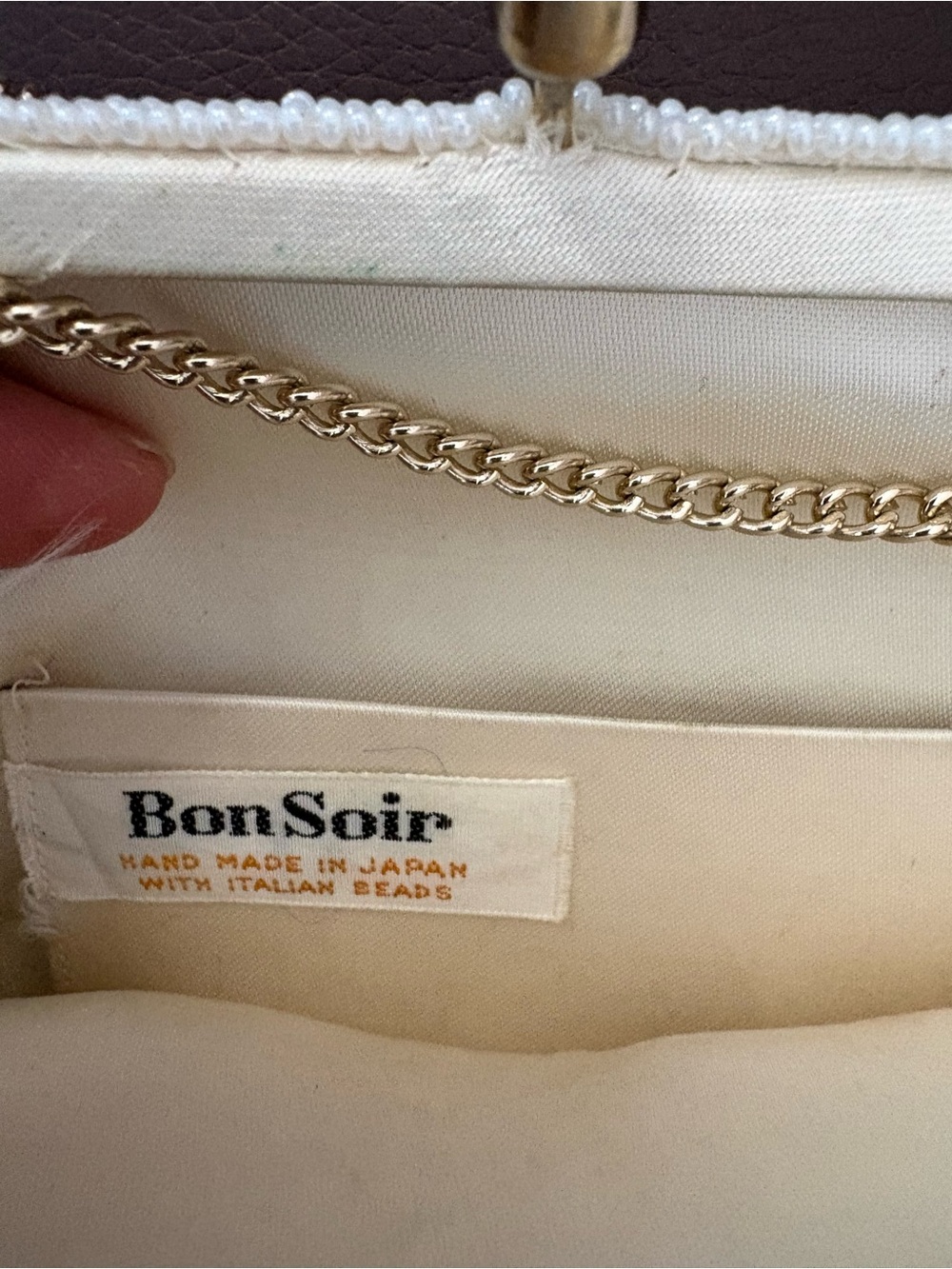 Vintage Ivory Beaded Floral Evening Clutch with Gold Chain - Picture 2 of 5